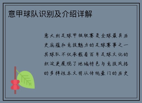 意甲球队识别及介绍详解